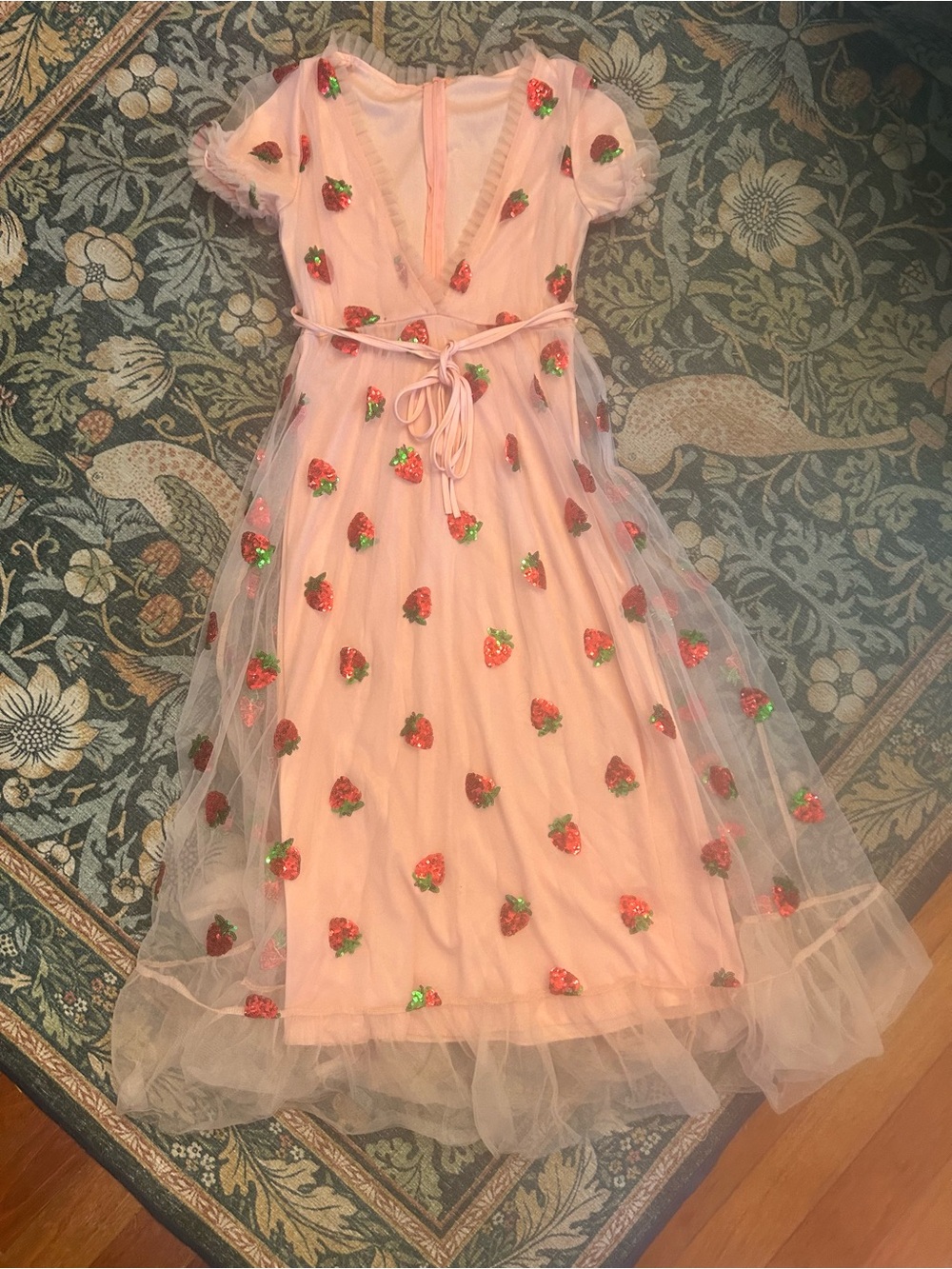 Pink Strawberry-Embroidered Tulle Kids Dress